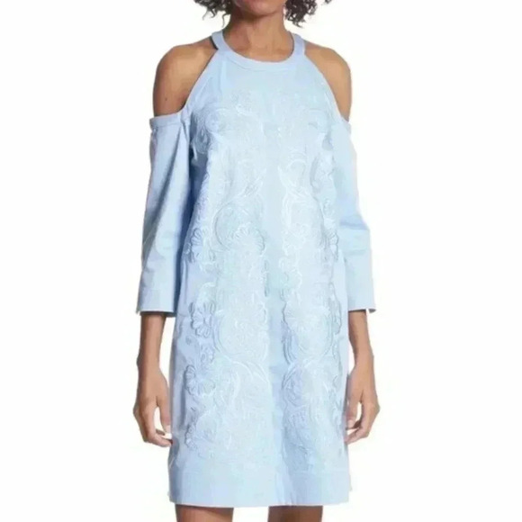 Ted Baker Jettas Embroidered Cold  Shoulder Dress Baby Blue Size 1 - Picture 2 of 16